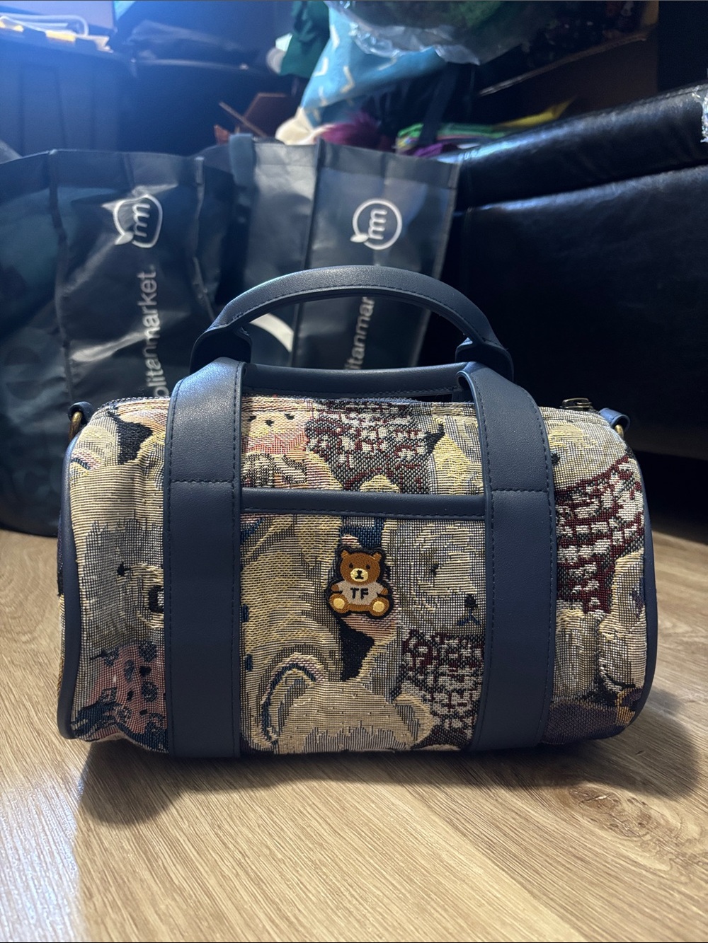 Teddy Fresh Patterned Blue Bowler Handbag